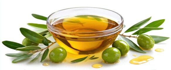 The exquisite bowl of olive oil surrounded by fresh green olives and leaves.
