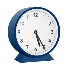 It is twenty five minutes past five, 25 past 5, 05 25, 17 25, 5 25 am, 5 25 pm, 35 minutes to 6 oclock. Realistic 3d illustration dark blue table clock png transparent