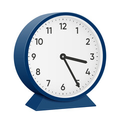 It is twenty five minutes past three, 25 past 3, 03 25, 15 25, 3 25 am, 3 25 pm, 35 minutes to 4 oclock. Realistic 3d illustration dark blue table clock png transparent