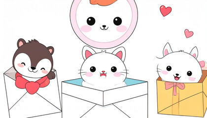 Three adorable cartoon animals?a squirrel, cat, and bunny?peek from gift-wrapped envelopes and boxes; a smiling bunny face floats above