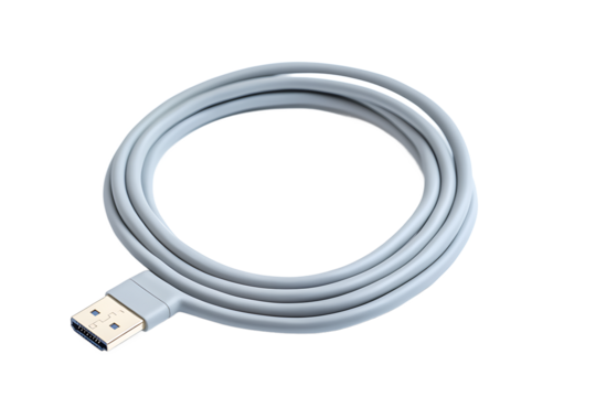Close up of a coiled gray usb cable with a connector on a black background in a studio shot
