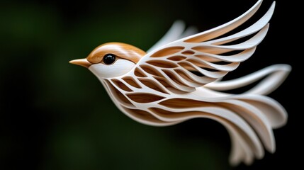 Obraz premium Wooden sculpture of a bird in mid-flight with detailed wings