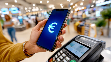 Person making digital euro payment with smartphone at contactless terminal in retail environment