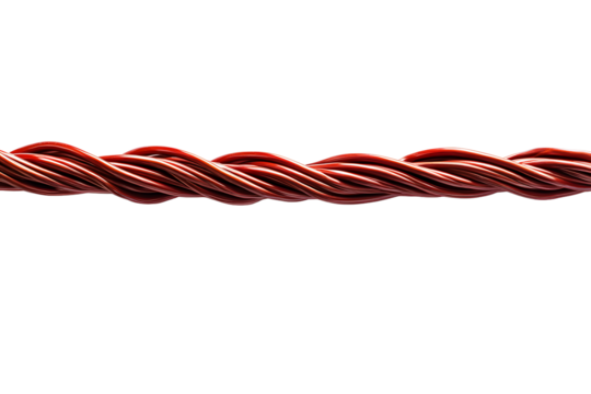 A close up shot of a red twisted cable against a black background in a horizontal orientation