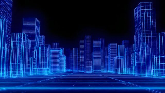 an abstract cityscape with blue wireframe structures, representing a futuristic metropolis against a dark sky. The city appears to be glowing with a network of connections and data