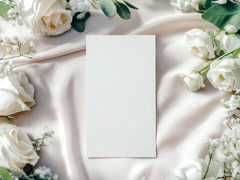 wedding Invitation card mockup, blank wedding save the date template with minimal flowers and mesh cloth with natural elements and plant, warm colors, 5x7 inches, thank you, happy birthday
