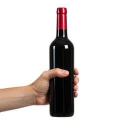 Hand holding red wine bottle isolated on transparent background