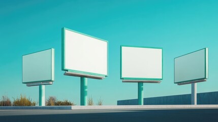 Fototapeta premium White billboards against blue-green background - mockup for consumerism concept