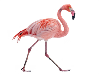 Pink flamingo walking alone isolated on transparent background