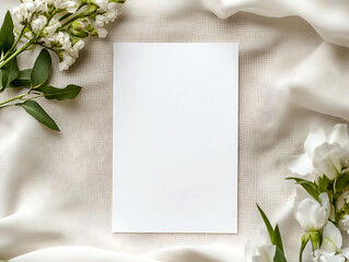 wedding Invitation card mockup, blank wedding save the date template with minimal flowers and mesh cloth with natural elements and plant, warm colors, 5x7 inches, thank you, happy birthday