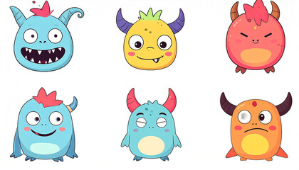 Obraz premium Six cute cartoon monsters with horns, various expressions, and bright colors against a white background. They have round bodies and simple features