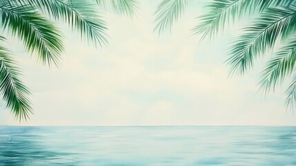 Pastel seascape framed by tropical foliage.