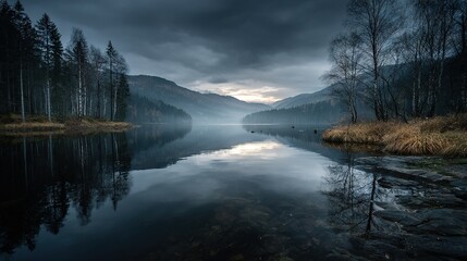 Fototapeta premium Water surrounded by trees, with a mountain range in the distance and a dark sky