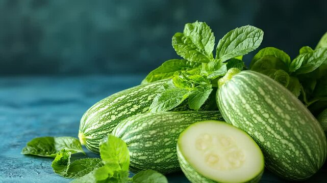 Fresh Zephyr Squash and Mint Leaves on a Vibrant Turquoise Surface Still Life