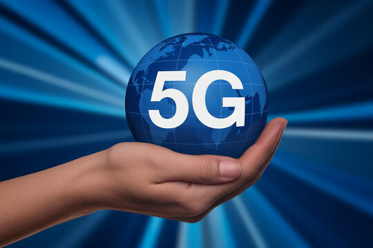 Hand gently holding a blue globe with 5G logo symbolizing global connectivity and reach of fifth-generation wireless technology