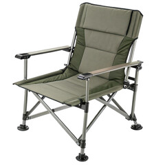 A green folding camping chair isolated on transparent background