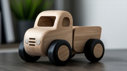 Wooden toy truck with simple, smooth lines and fine details