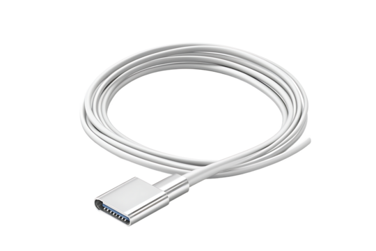 Close up of a coiled white usb type c cable with a silver connector on a black background studio shot