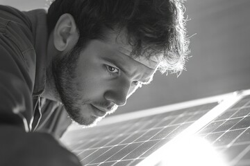 A focused male technician meticulously inspecting a solar panel, showcasing expertise in renewable energy.