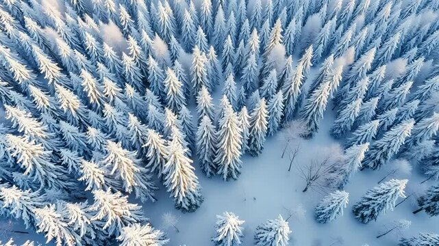 Aerial View of a Serene Winter Forest Covered in Fresh Snow, Perfect for Backgrounds