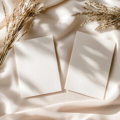 a beige scarf, a small green branch, bright warm colors, overall balance is delicately arranged, in the center are 2 blank cards for wedding Invitation card mockup