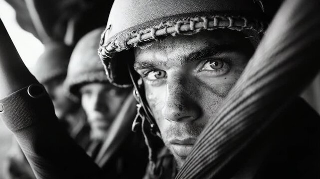 Close-up of a soldier's weathered face highlights the resilience and steadfastness of military personnel in a challenging moment. Grit and intensity capture the essence of duty