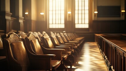 Sunlit Courtroom: Rows of Polished Wooden Chairs