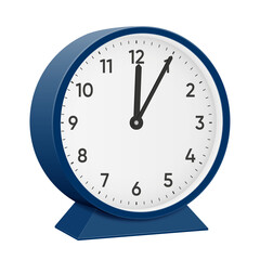 It is five minutes past twelve, 5 past 12, 12 05, 00 05, 12 05 am, 12 05 pm, 55 minutes to 1 oclock. Realistic 3d illustration dark blue table clock png transparent