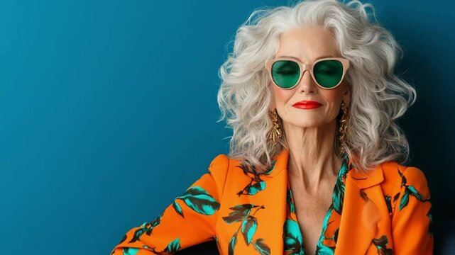 A stylish individual exudes confidence with a stunning orange floral blazer, striking sunglasses, and radiant smile against a bold blue backdrop, emphasizing vibrant self-expression