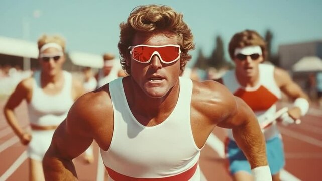 Speed and determination radiate at an energetic track meet, where talented athletes push their limits, racing fiercely against each other under the radiant summer sky