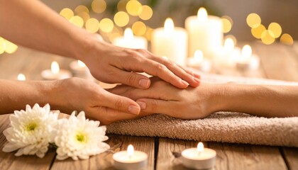 Close-up of female hands covered in aromatic oil, fingers gently touching each other, background — cream towels, wooden surface, warm lighting, calm ambiance.