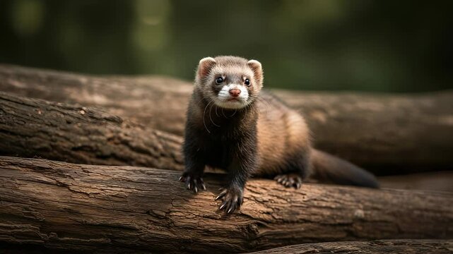 Portrait of a Cute Ferret Posing on a Fallen Log in Natural Outdoor Setting, Brown Fur