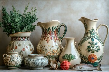 pattern of ceramic jugs, fish, embroidery, and sea plants Ukrainian coastal still life, elegant sage tones