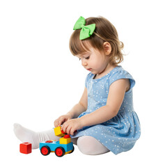 Adorable toddler girl playing with colorful blocks isolated on transparent background