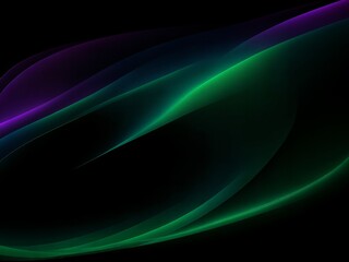 Abstrakte Lichtwellen in Grün, Blau und Violett auf schwarzem Hintergrund mit weichen Kurvenverläufen und transluzenter Optik
