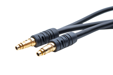 Close up of two black audio cables with gold plated connectors on a dark background in studio shot
