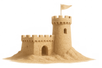 Intricate sandcastle with a flag waving proudly, showcasing detailed craftsmanship on a transparent background