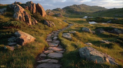 Fototapeta premium A rocky path in a grassy field leads to a serene lake surrounded by majestic mountains in the distance