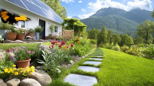 Sustainable Home in Nature: A charming cottage with a solar panel on the roof nestles amidst a vibrant flower garden and lush greenery, overlooking a breathtaking mountain landscape.