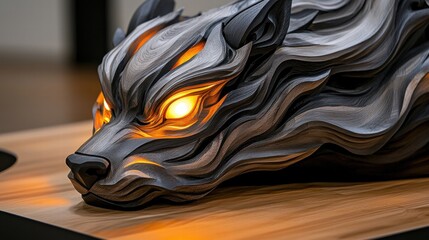 Wooden carving of a mythical beast with glowing eyes