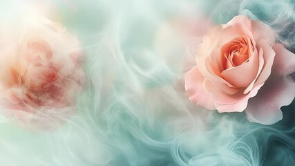 Delicate pink roses floating amidst ethereal smoke on a soft teal background