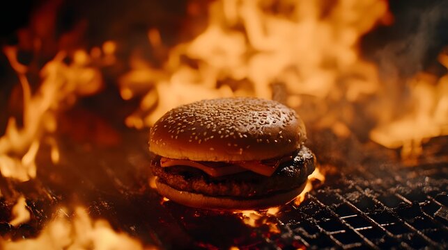 Close-up of a burger cooking over hot flames.