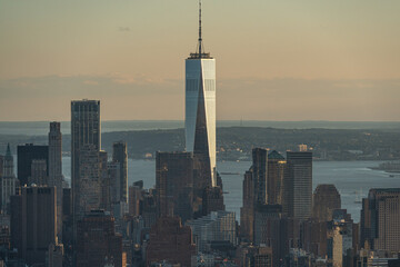 One World Trade center dominating Manhattan cityscape seen from Summit One Vanderbilt observation deck, New York, USA