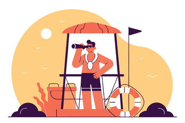 Fototapeta premium Lifeguard keeping watch on beach watching over swimmers vector illustration