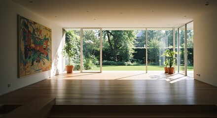 Fototapeta premium Bright and empty modern house interior with a large window