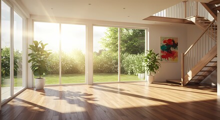 Fototapeta premium Bright and empty modern house interior with a large window