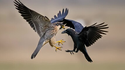 Dynamic encounter between peregrine falcon and crow, showcasing power and agility