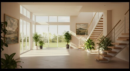 Fototapeta premium Bright and empty modern house interior with a large window