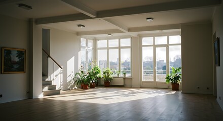 Bright and empty modern house interior with a large window