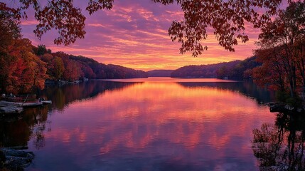   Surrounded by lush trees, a picturesque lake boasts vibrant skies and serene waters for boaters